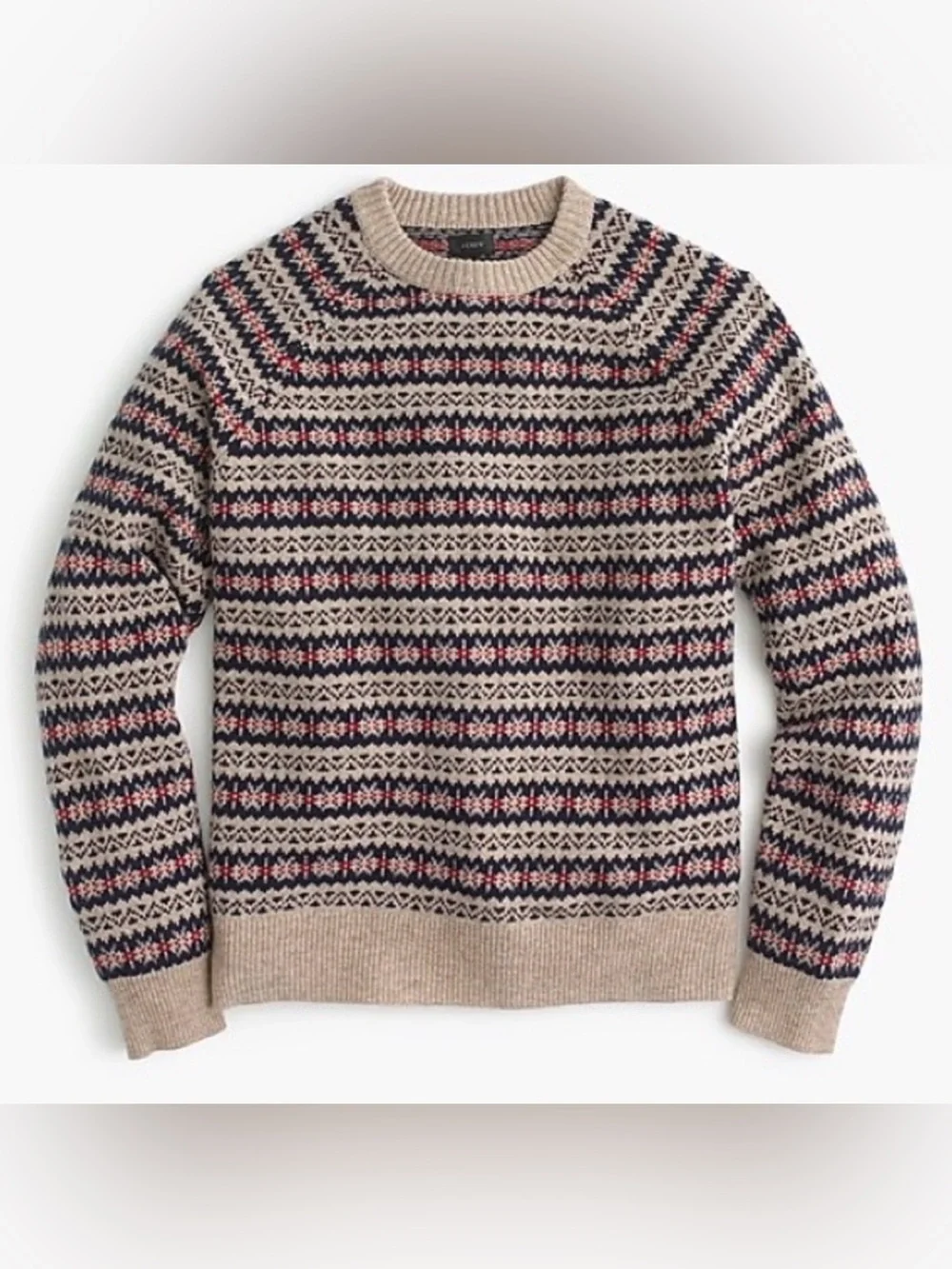 J. Crew 100% Lambswool Wool Fair Isle Crew Neck Sweater Tan Navy Red Mens Large